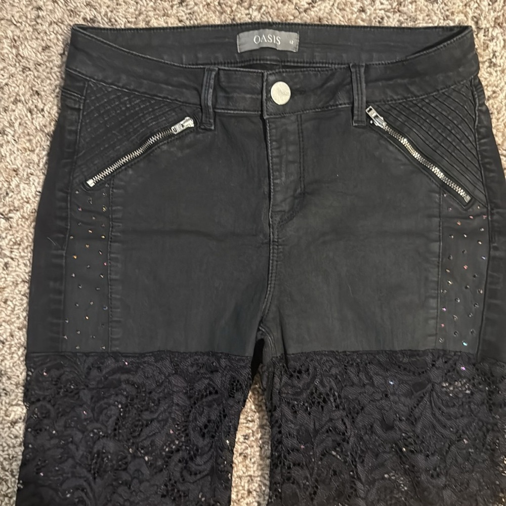 VINTAGE OASIS size 12 black rhinestone denim jeans/shorts w/sheer lace on bottom - Picture 6 of 8